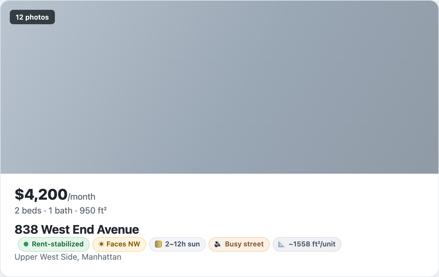 A StreetEasy listing for 838 West End Avenue with SnagFlat badges: rent-stabilized, faces NW, 2–12 hours of sun, busy street, and average unit size.